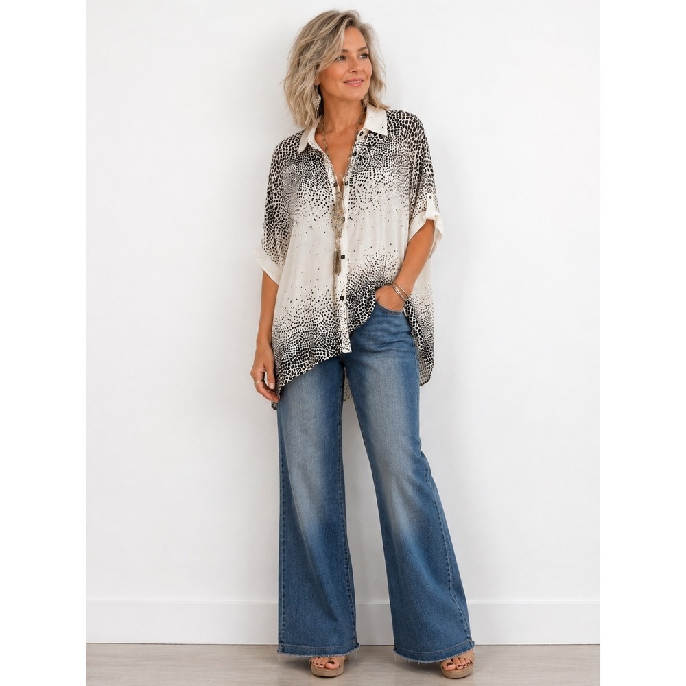 IC by Connie Button Up Tunic S Black White Animal Print Sheer Oversized Boho